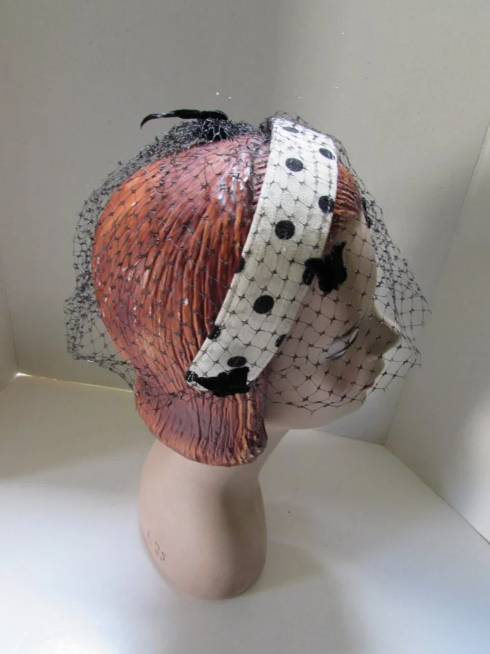 Vintage Head Band Hat White with Black Polka Dots